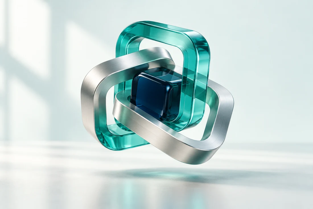 Sculptural silver and turquoise interlocking loops representing connected financial infrastructure